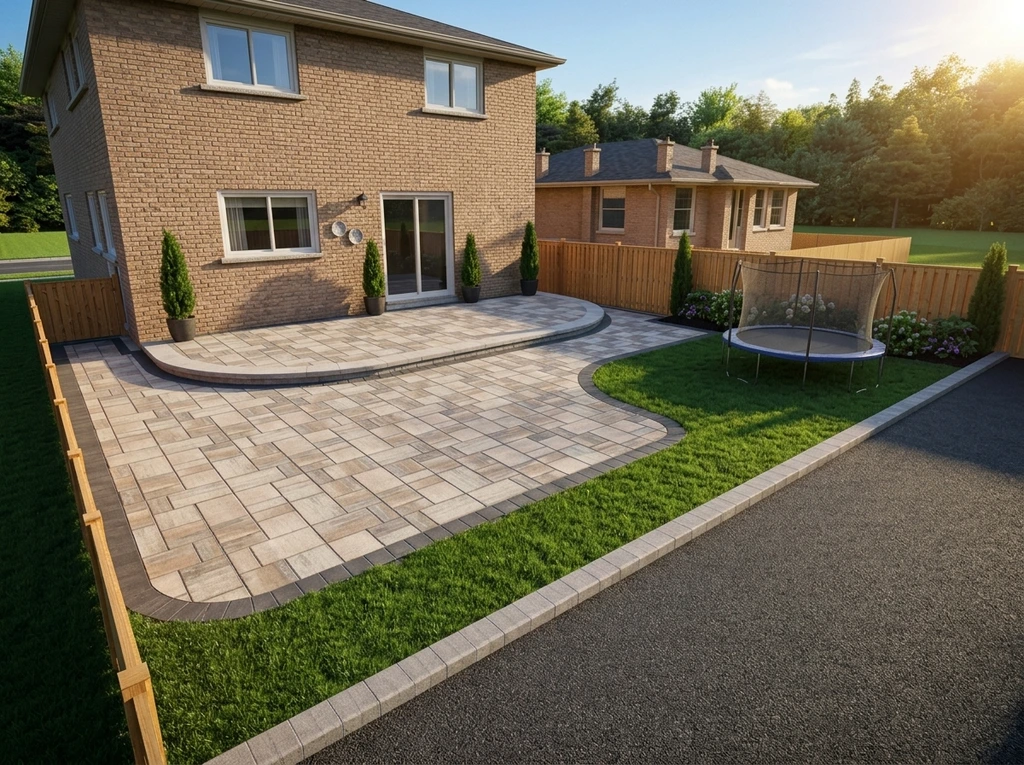 Curved patio from the lawn — raised landing