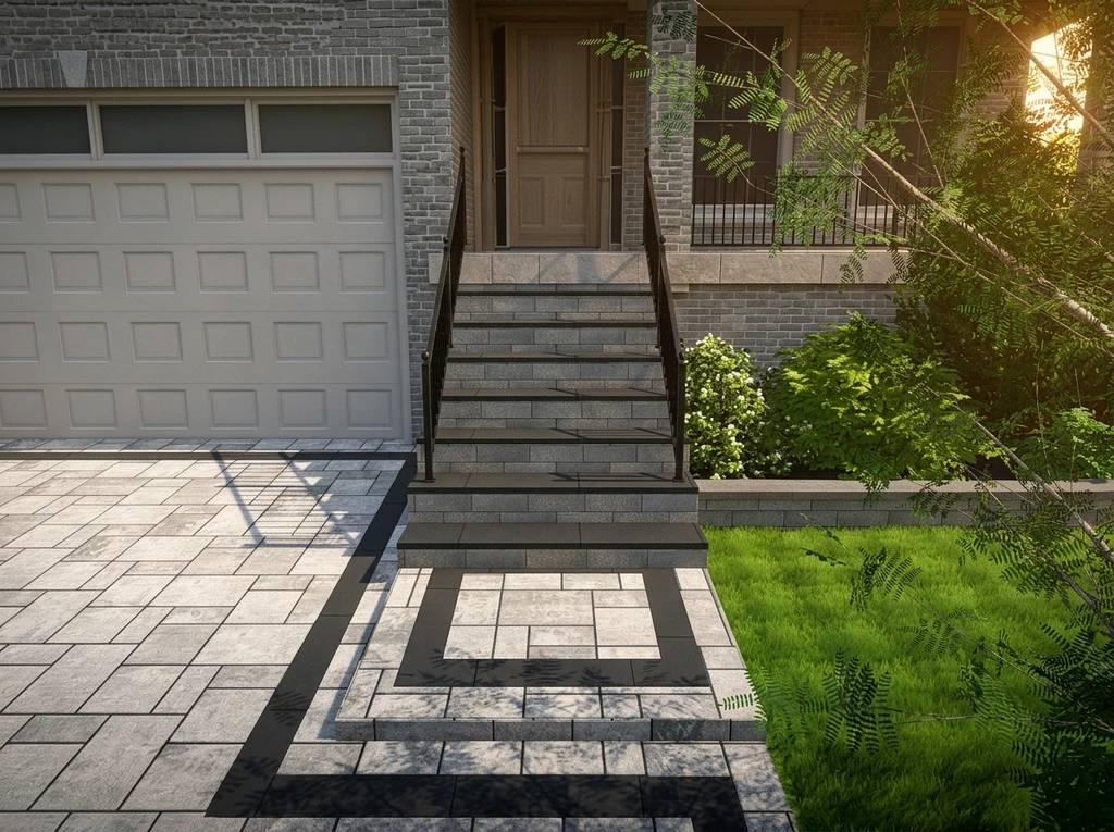 Front steps — stone treads & inlay landing